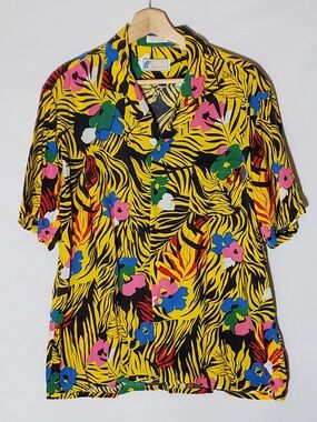 Islander Tropical Hawaiian Button-Up Shirt Yellow Black Zebra 60s 70s Maximalist